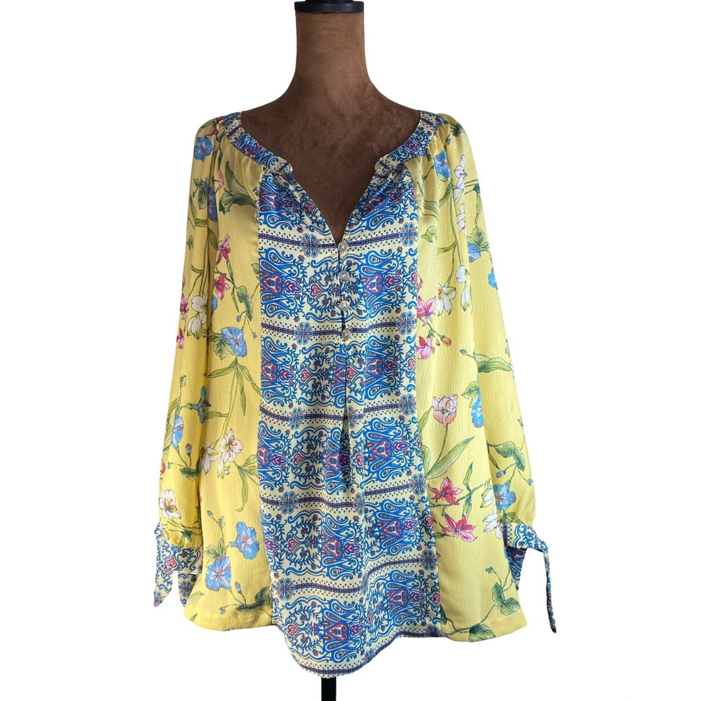 Valerie Stevens Womens Yellow Floral Paisley Mixed Print Button V-Neck Blouse
